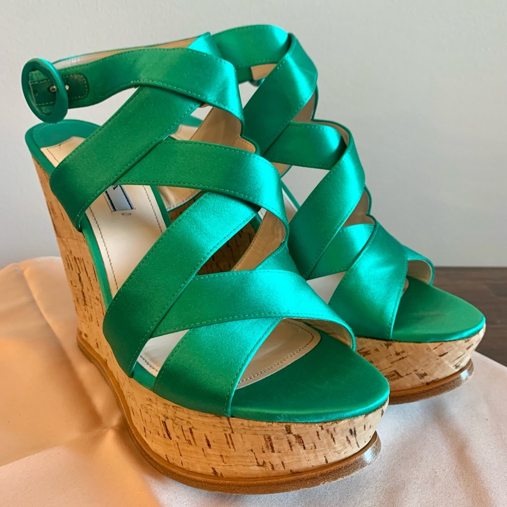 Prada Assenzio (absinthe/emerald green), 40/Size 9, criss cross cork wedge - Picture 12 of 15
